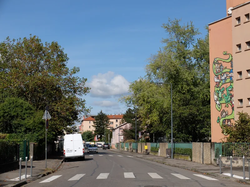 La rue Château-Gaillard à Villeurbanne, bordée de haies et de maisons basses, avec une fresque sur un mur pignon