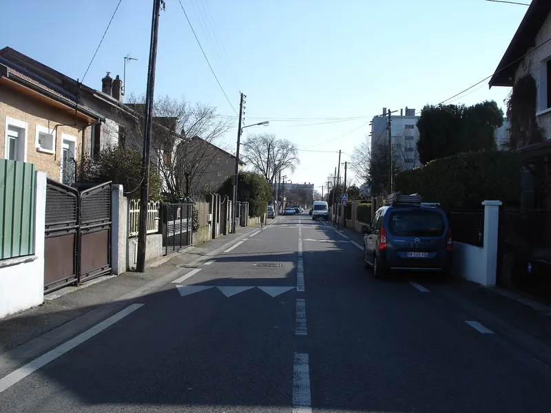 Rue bordée de maisons individuelles avec portails et haies dans le quartier Saint-Jean à Villeurbanne